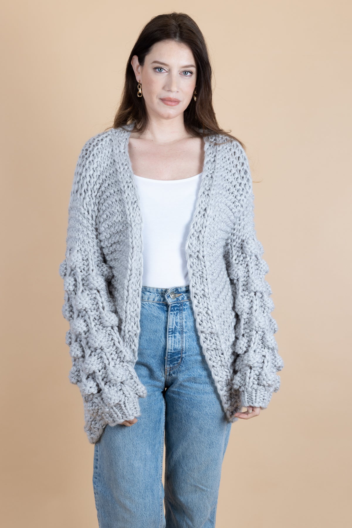 Knit Cardigan With Bauble Sleeves - Light Slate Gray