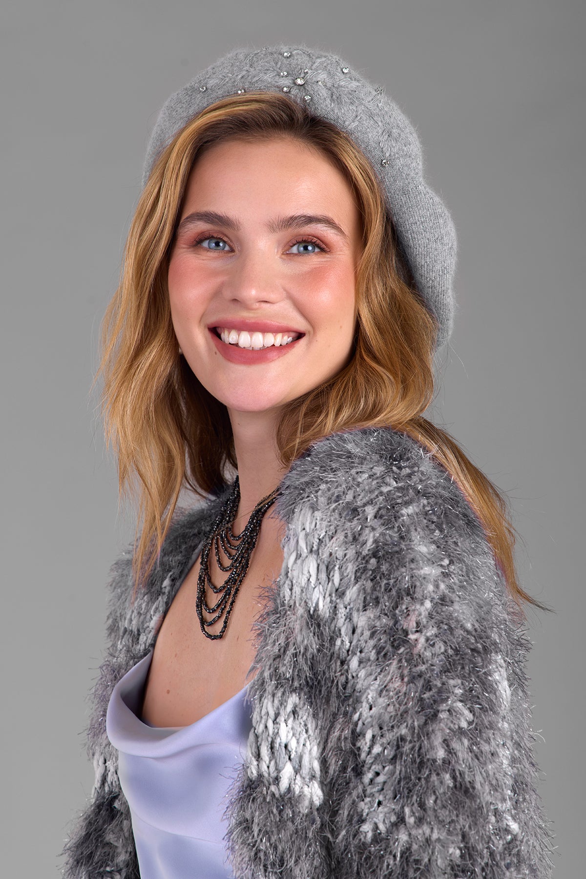 Eyelash Hand Knit Cardigan - Light Slate Blue Gray