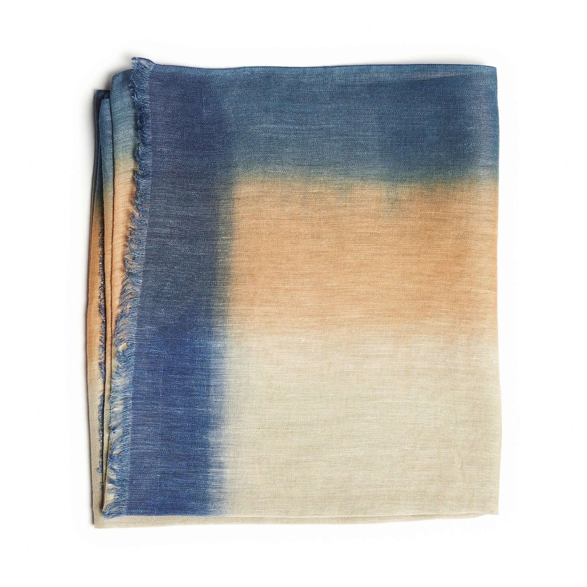 Oceana Beige Soft Linen Silk Handloom Scarf featuring an ombre dye effect in soft colors, handwoven in Nepal.