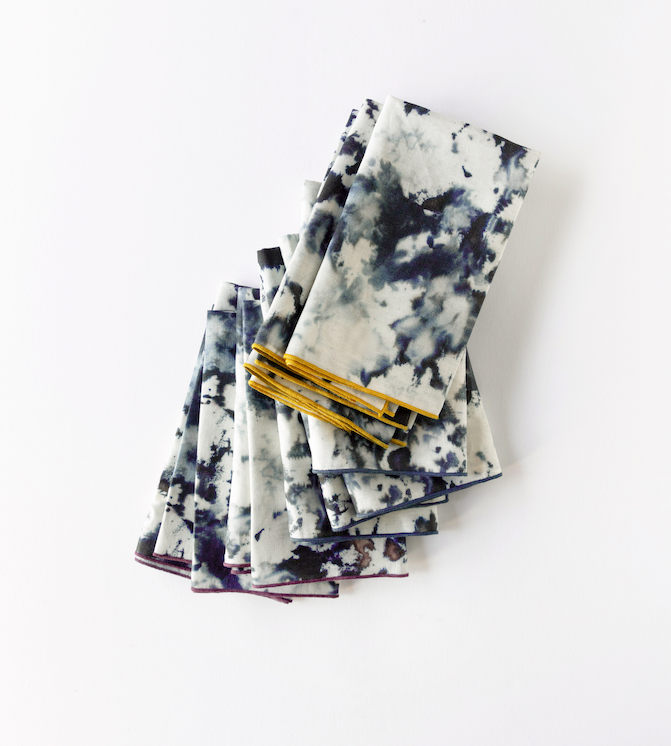 Grey Marble linen dinner napkin flat lay showing plum trim detail - Goldie Home