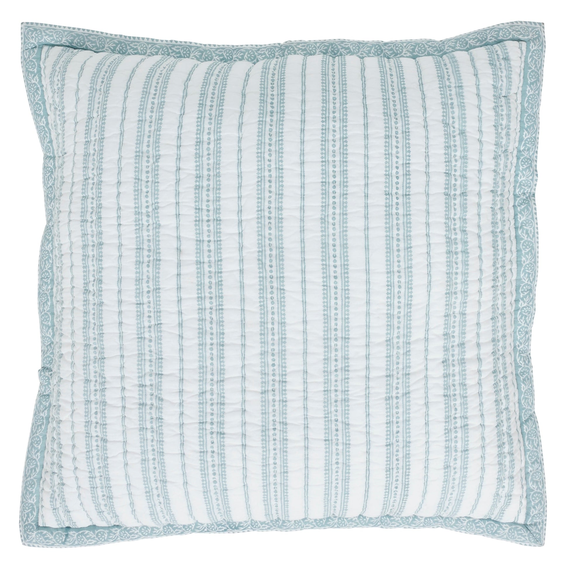 ES-347-2626_1|Light blue striped quilted pillow with elegant patterned border, soft and stylish bedroom accent for comfort.