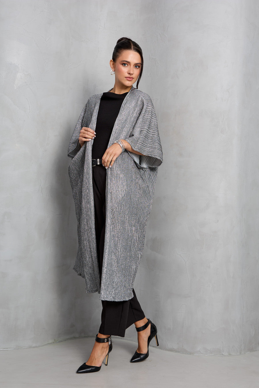 Pleated Metallic Kimono - Gunmetal
