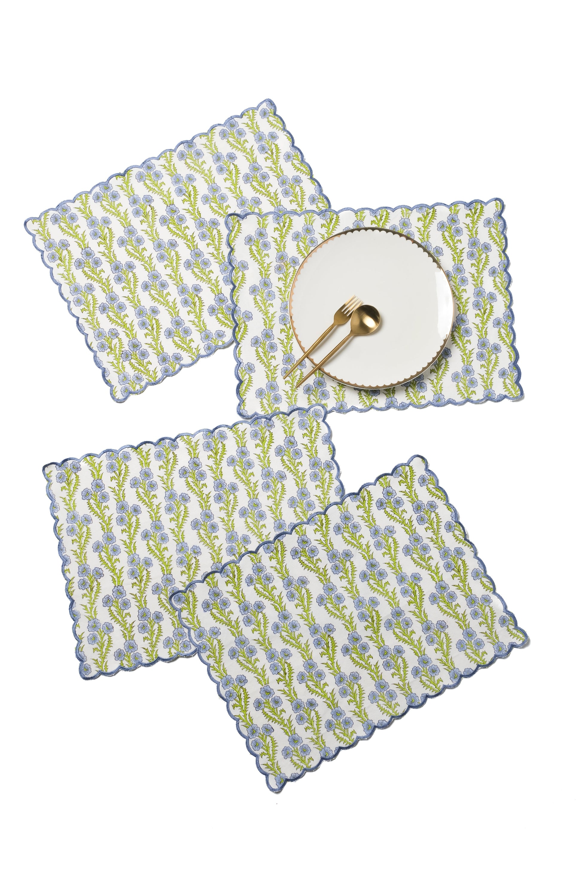 Forget-me-not scallop embroidered placemats set with plate setting from Inner Child