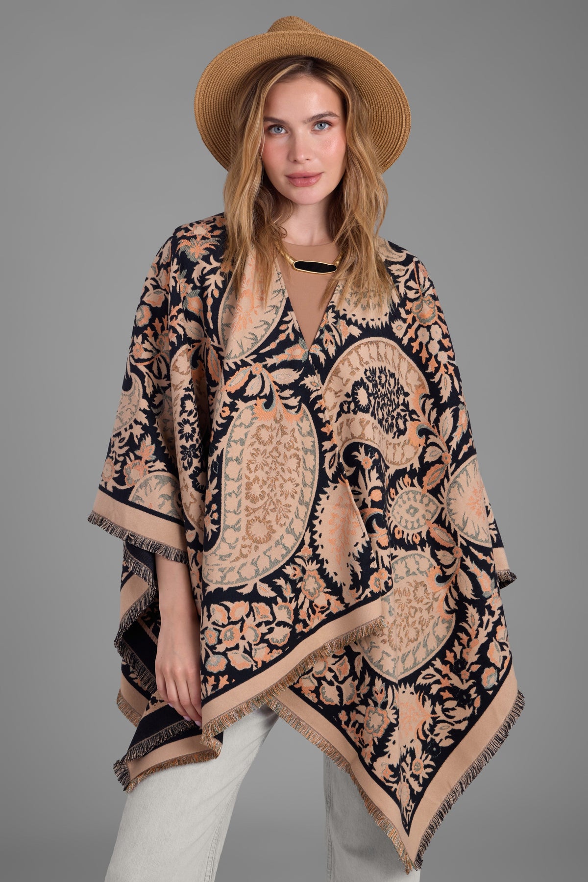 Paisley Reversible Ruana - Beige