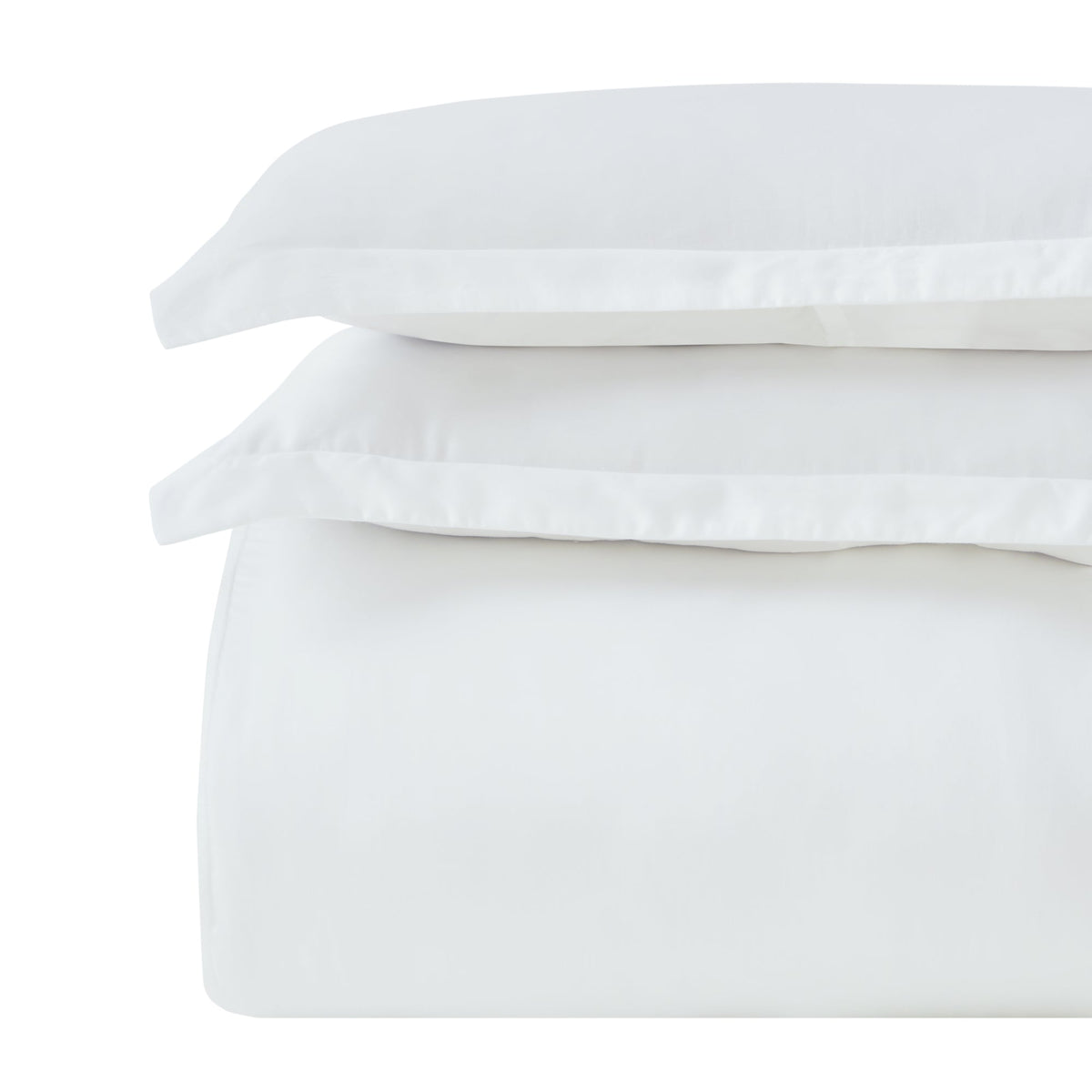 DT-045-10692_6|Stacked crisp white duvet cover and two smooth pillow shams, offering elegant style and serene comfort for any bedroom.
