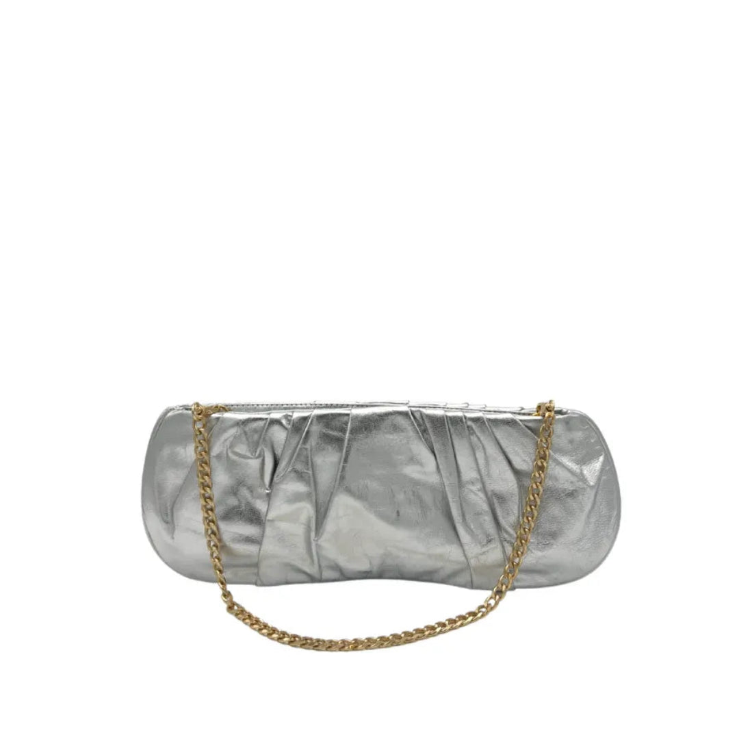 Silver clutch bag with a gold chain 