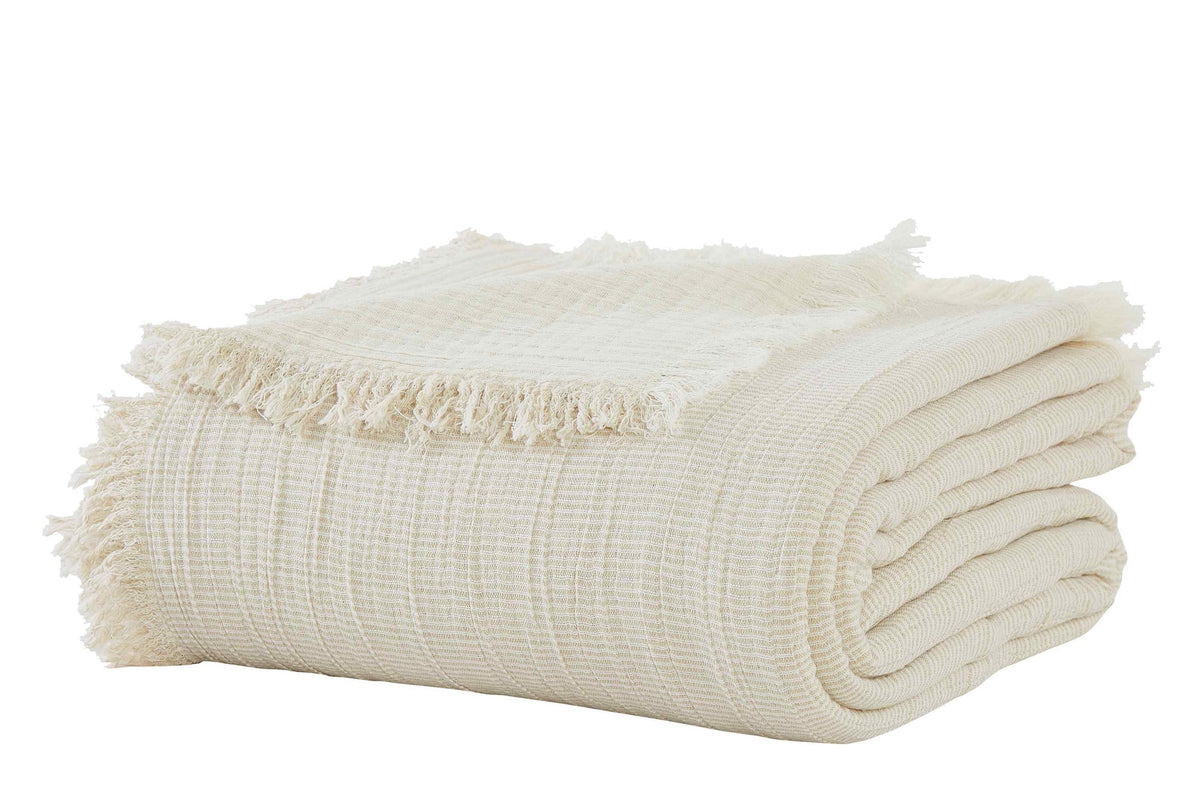 BT-115-11096_4|Neatly folded cream striped blanket featuring delicate fringe edges, ideal for adding a touch of cozy elegance to any living space.