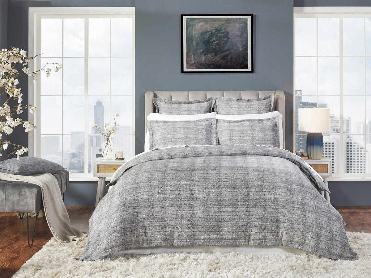 DT-034-10692_1|Modern grey textured duvet cover creating a chic focal point in a contemporary bedroom setting.