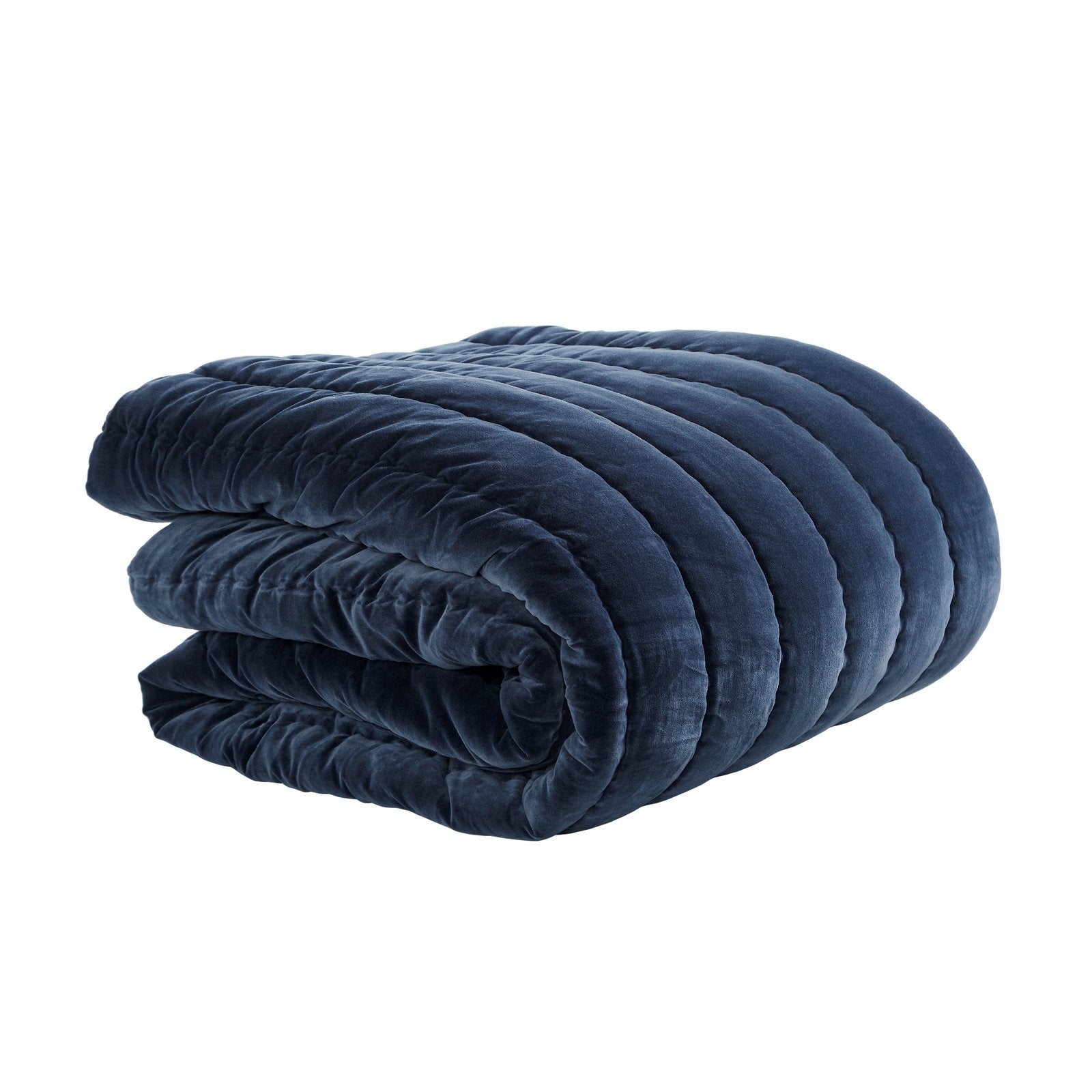 QT-335-11096_3|Folded navy velvet quilt with plush channel stitching. Soft, luxurious texture provides warmth and elegant bedroom comfort.