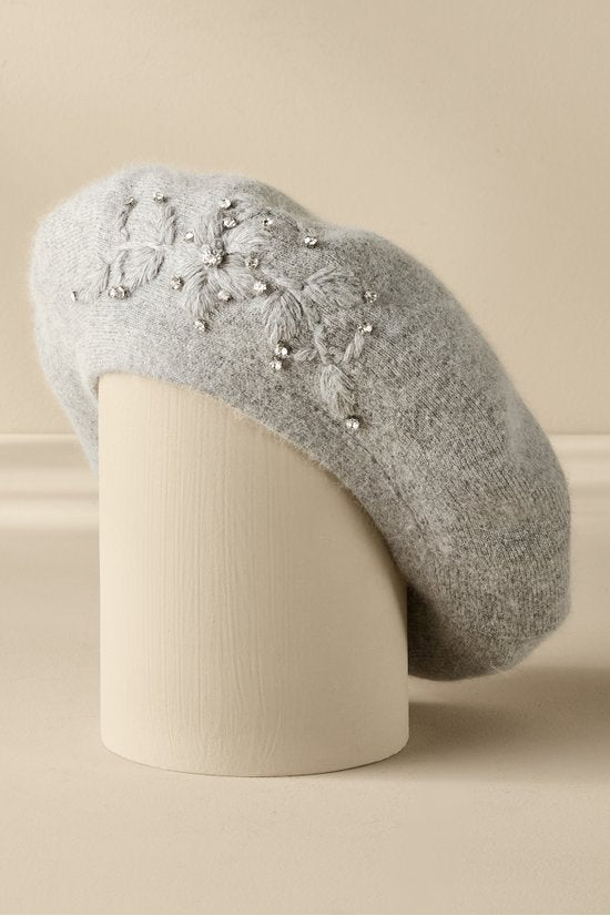Crystal Embellished Floral Beret - Dark Gray