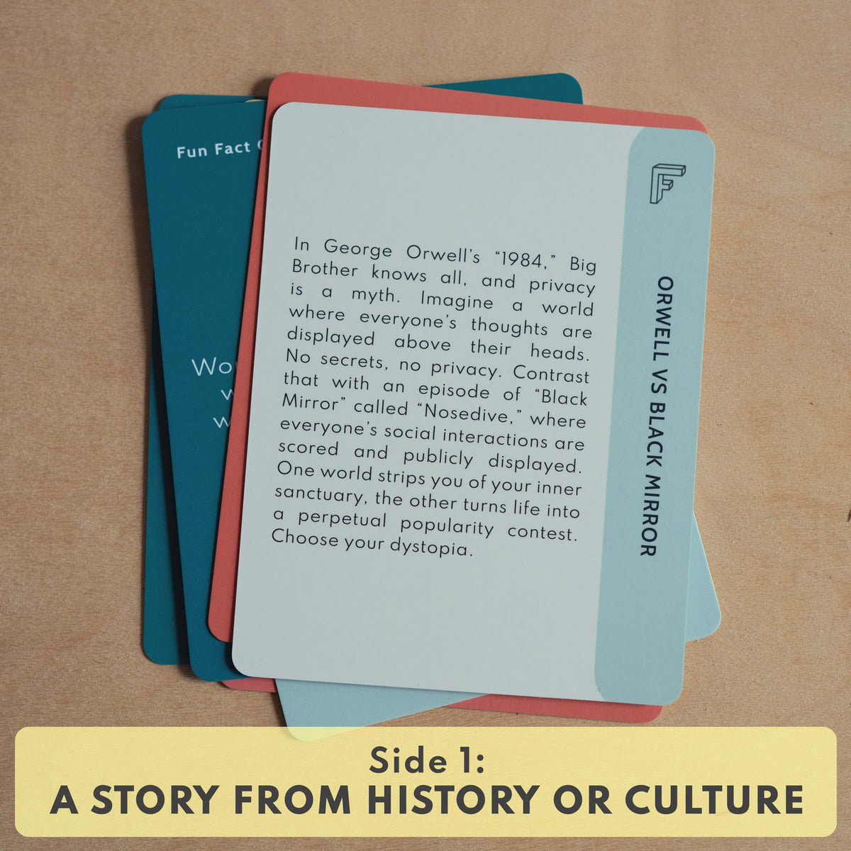 Educational cards on a beige background with text about George Orwell's '1984' and Black Mirror.