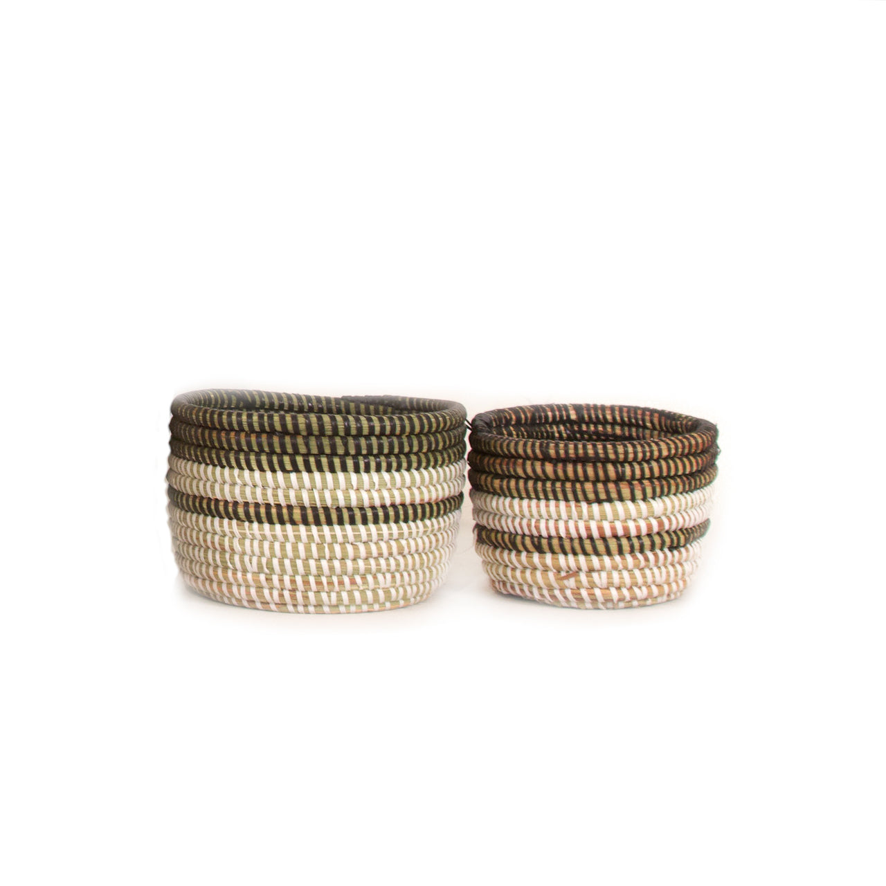small and extra small woven baskets shown together