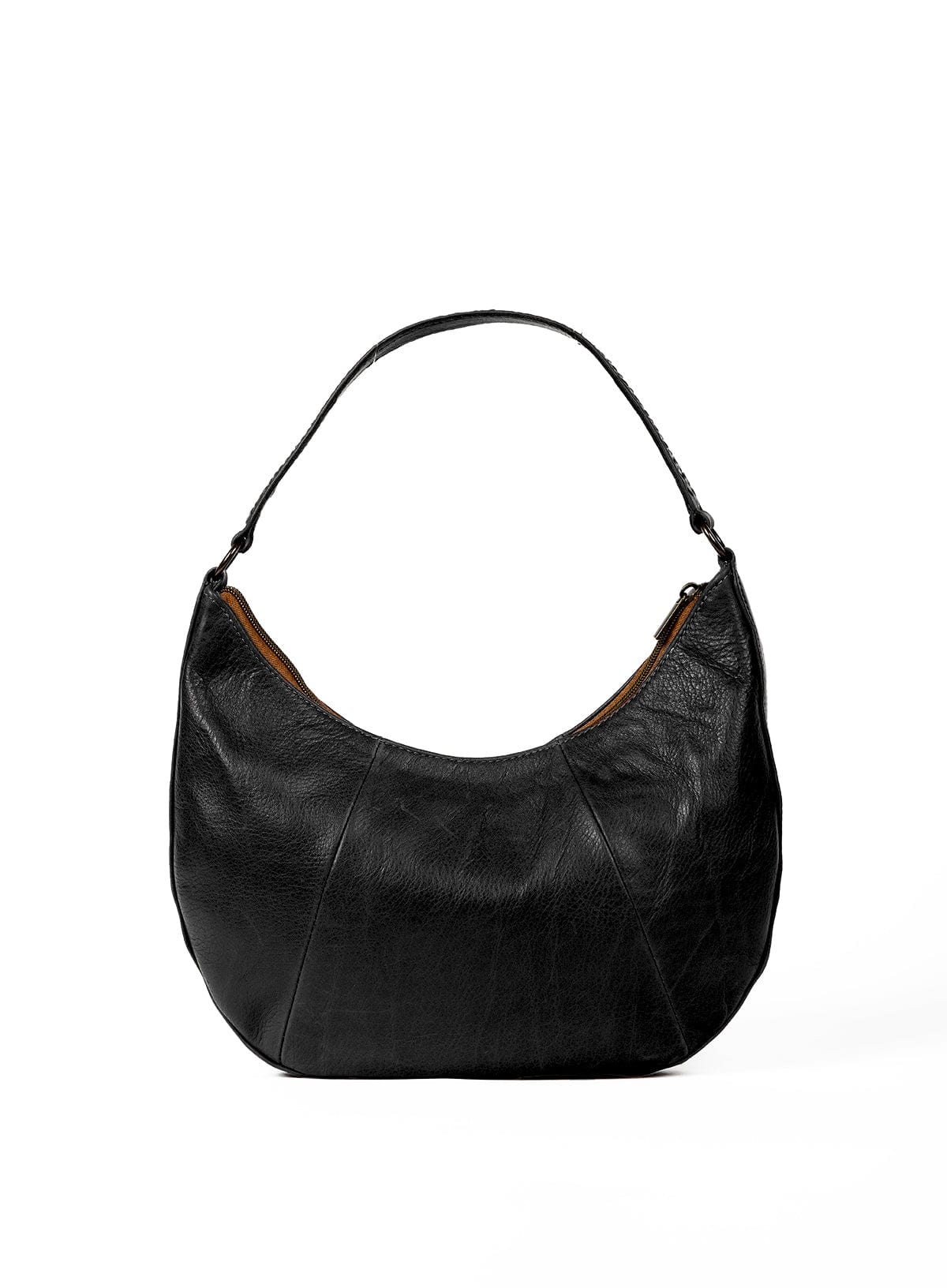 saddle shoulder bag from spring and summer leather collection in bone and black colors held by models standing next to each other showcasing front view.