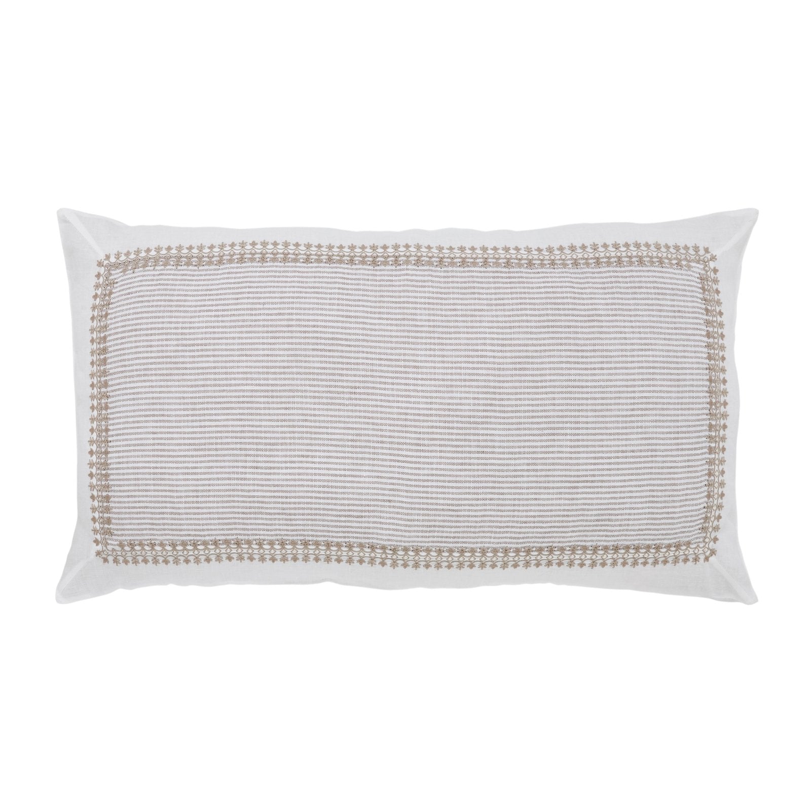 KS-031-2036_1|White linen duvet cover showcasing a sophisticated taupe embroidered geometric border and striped pattern.