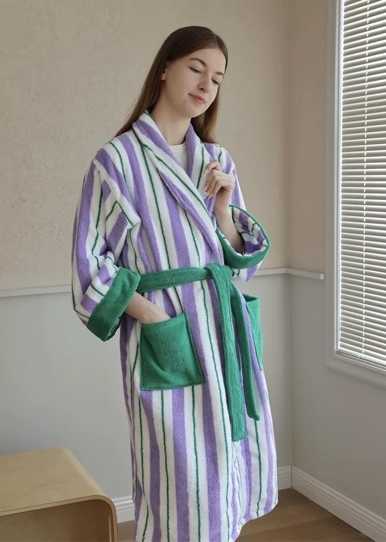 Ultra Soft Whimsical Retro Stripe Bathrobe - 100% Organic Long - stapled Cotton - Whimsical Retro Stripe Bathrobe - INSPECIAL HOME