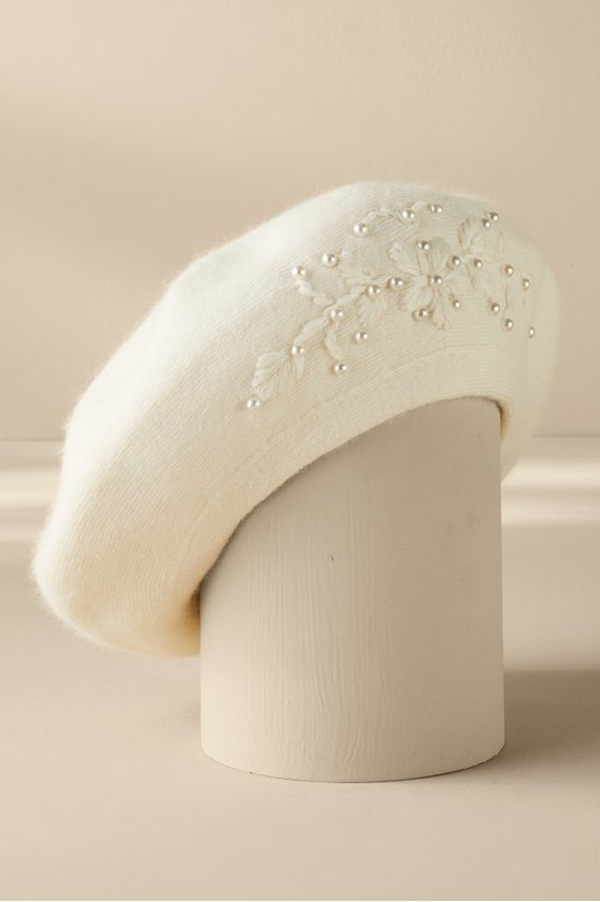 Pearl Embellished Floral Beret - Ivory