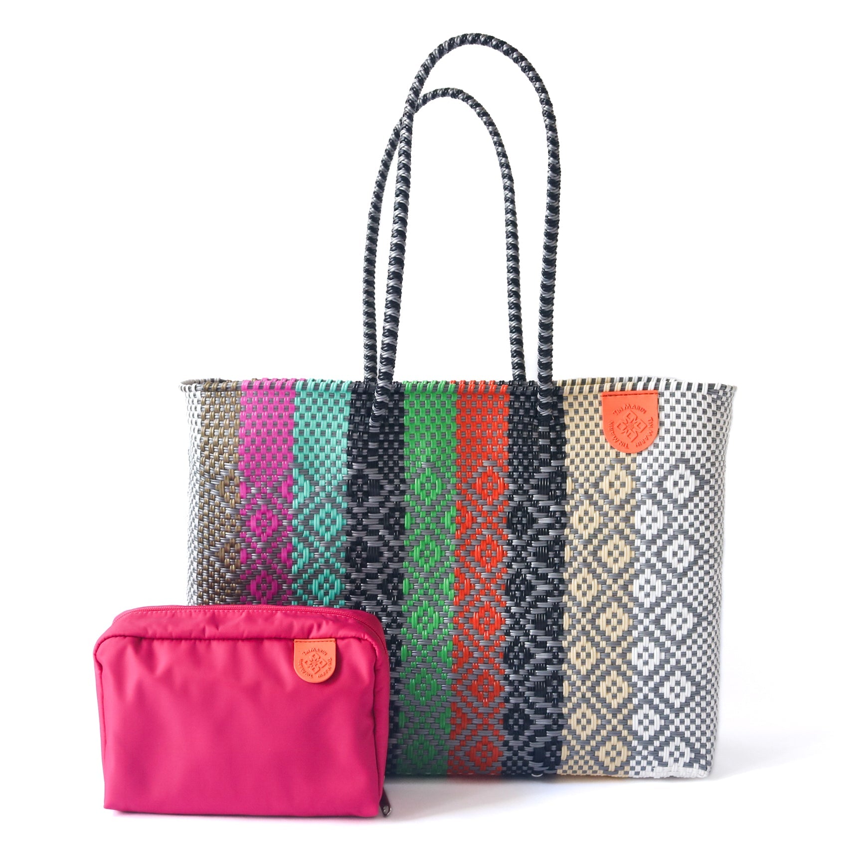 Tin Marin super tote in Maya Design, A Multicolored striped oversized tote bag with a shoulder strap and nylon pouch in pink