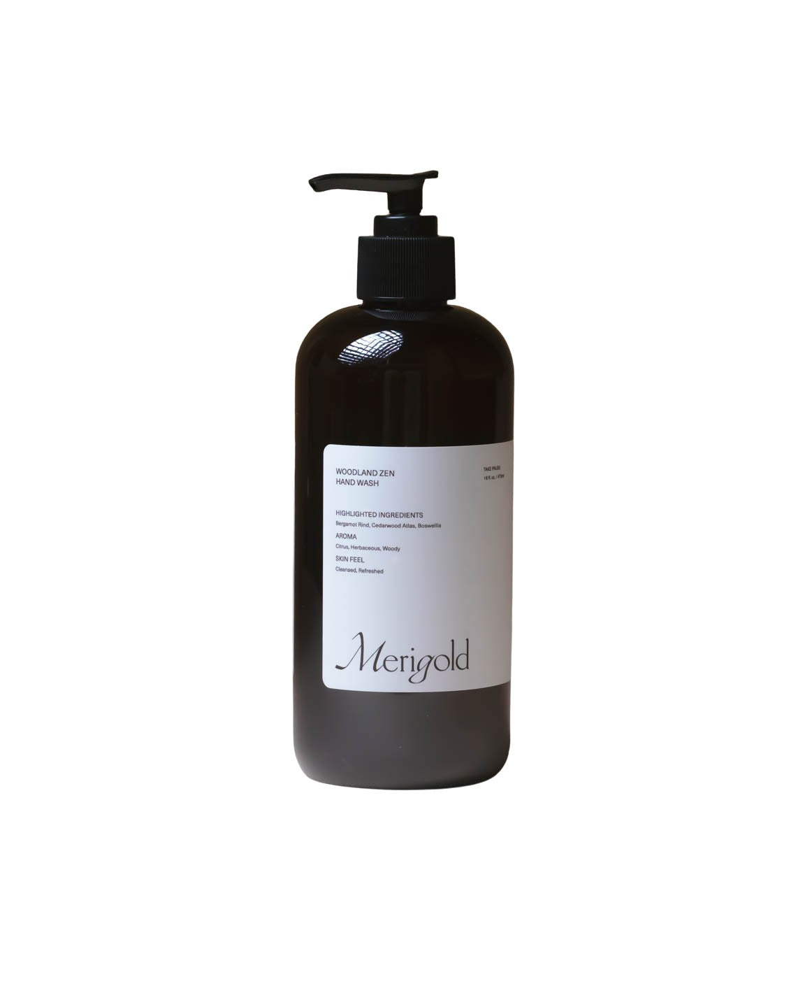 Merigold Woodland Zen Hand Soap in two amber pump bottle sizes, grounding botanical hand wash for gentle daily cleansing.