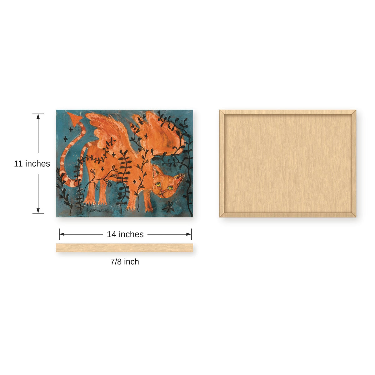Dragonfly Cat winged orange cat art print, size guide with front, back and side dimensions