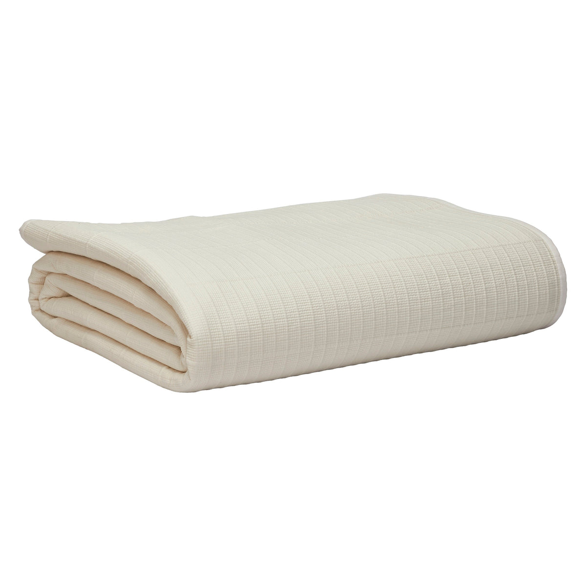 CL-271-9496_11|Neatly folded cream textured coverlet, showcasing its subtle striped weave. Perfect for elegant bedroom organization and storage.