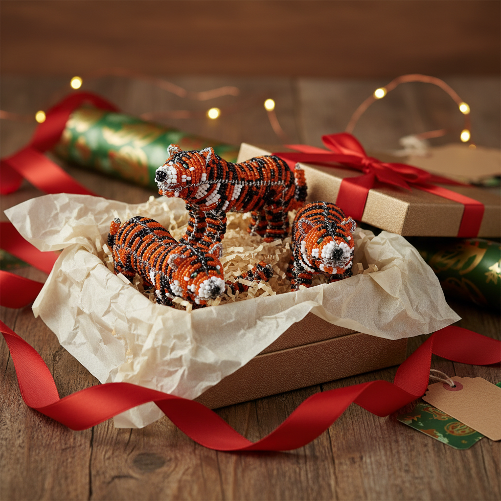 Minimal Tiger Set of 3 - handcrafted beaded tiger figurine as a gift in gift box with ribbon