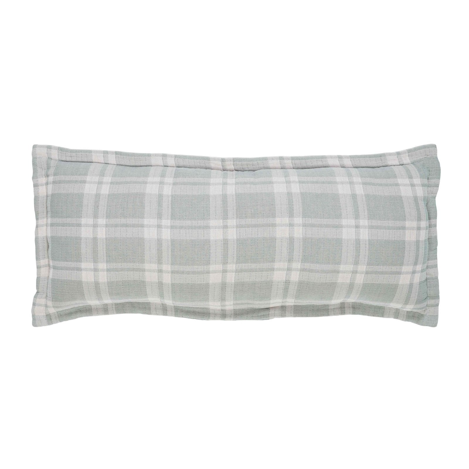 TP-119-1640_1|Long rectangular light green plaid decorative pillow. Soft and cozy accent for a modern or rustic bed setting.