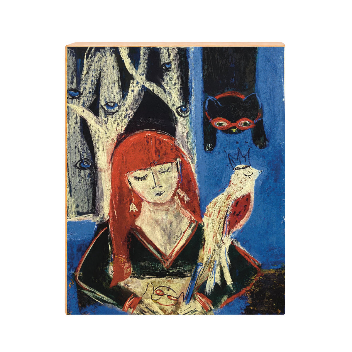 Red-haired girl with cat and bird night time art print, front view on gesso board