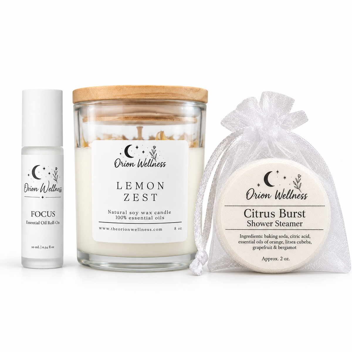 Bright Morning Gift Set with Focus 10 mL roll-on, Lemon Zest candle and current Citrus Burst shower steamer