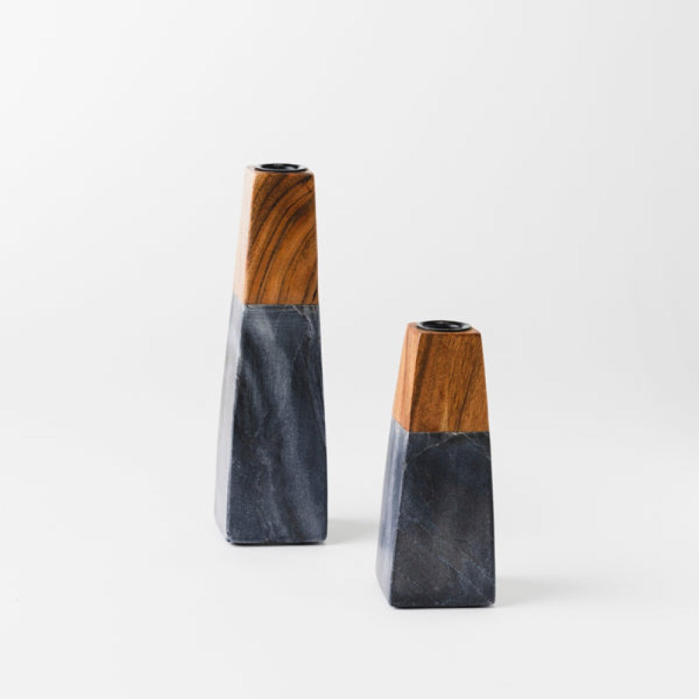 close-up of marble and wood contrast on candleholder