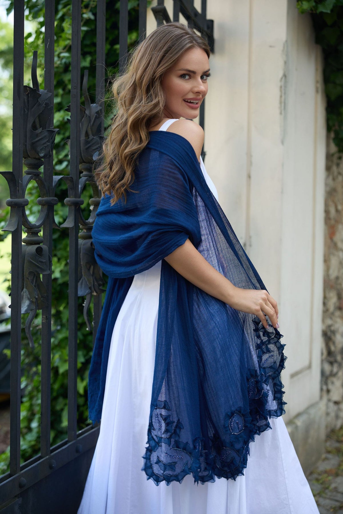 Floral Swirl Beaded Wool Scarf - Navy
