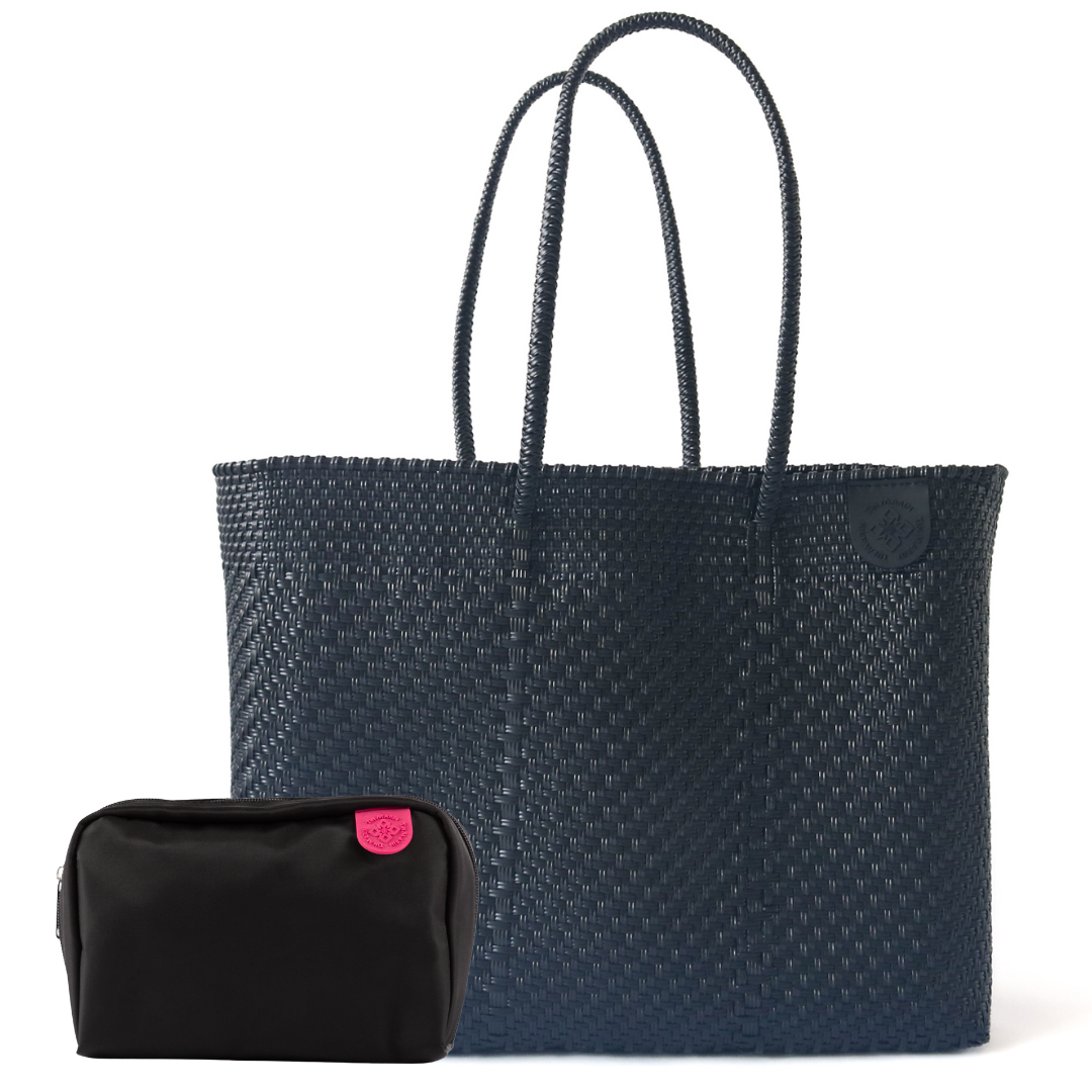 Tin Marin super tote in all black Design & checs nylon pouch in black, A black  oversized tote bag with a shoulder strap.
