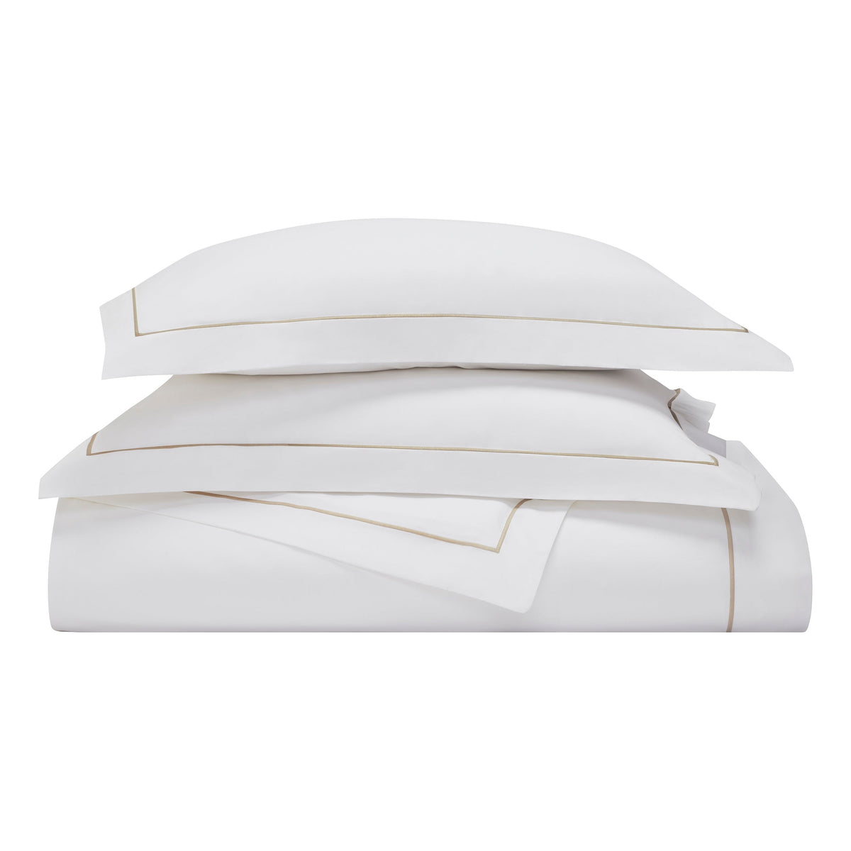 DT-056-6886_4|Stacked white duvet cover and pillow shams featuring elegant gold trim. Ideal for luxurious bedroom layering. High-quality.