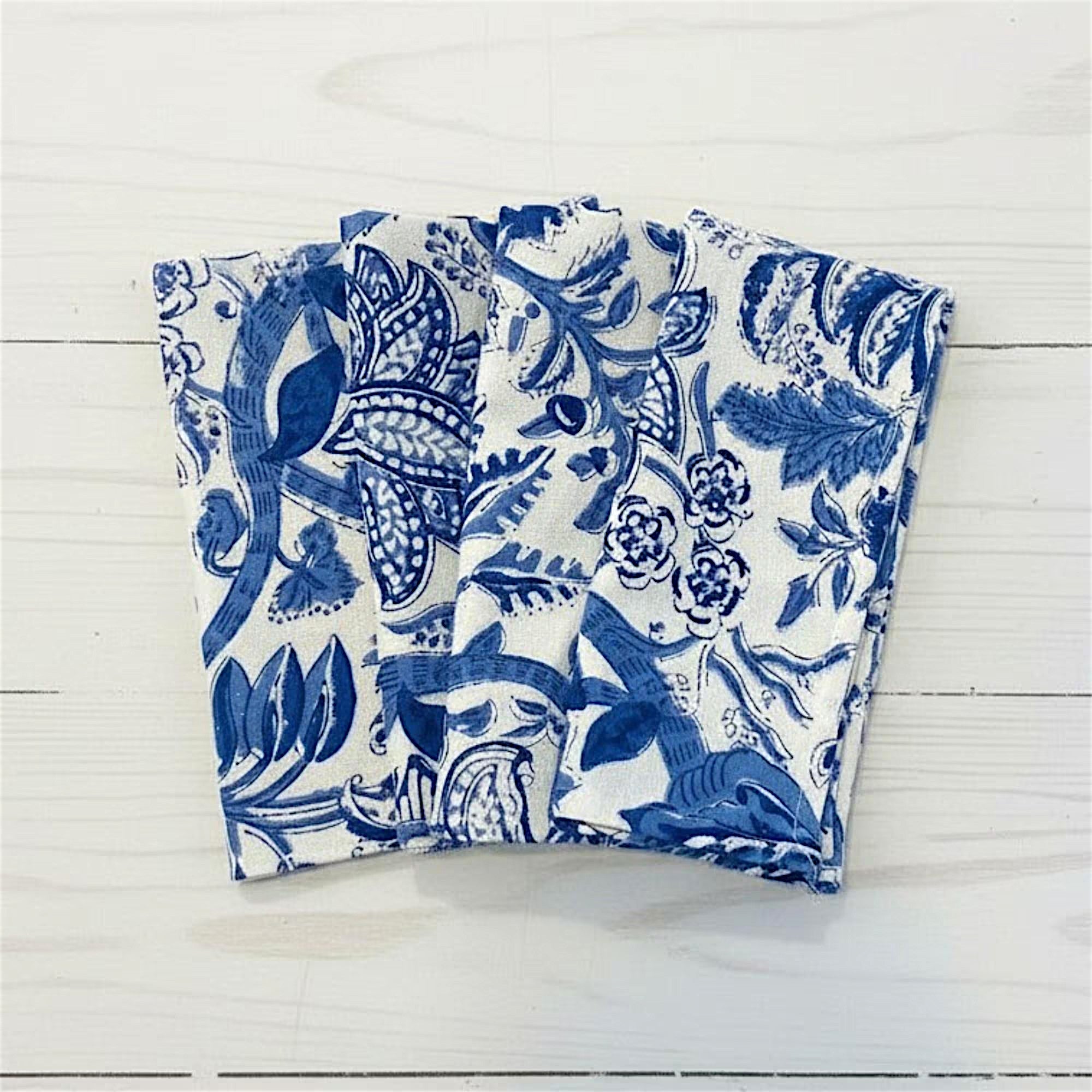 S/4 Cotton Placemat & Napkin, Blue Floral Block Print