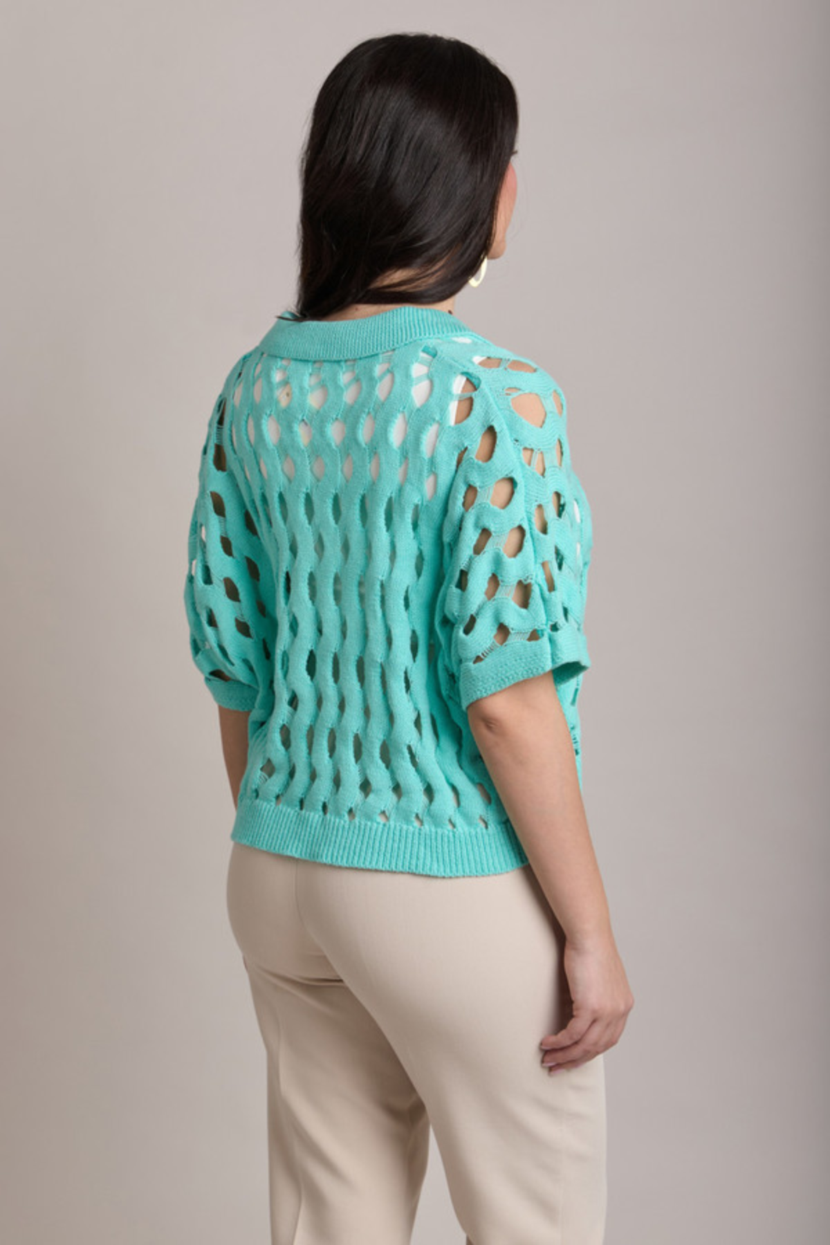 Knit Cut-Out Collared Shirt  - Aqua