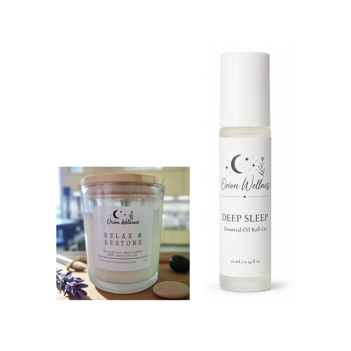 Sleep Candle + Roll-On Duo bundle by Orion Wellness on white