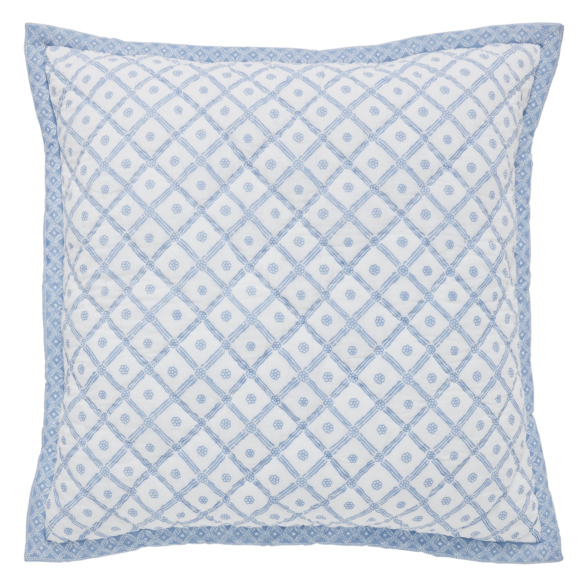 SS-345-X_2|Square quilted pillow showcasing a charming blue geometric pattern on white, bordered beautifully, perfect for a cozy quilt setting.
