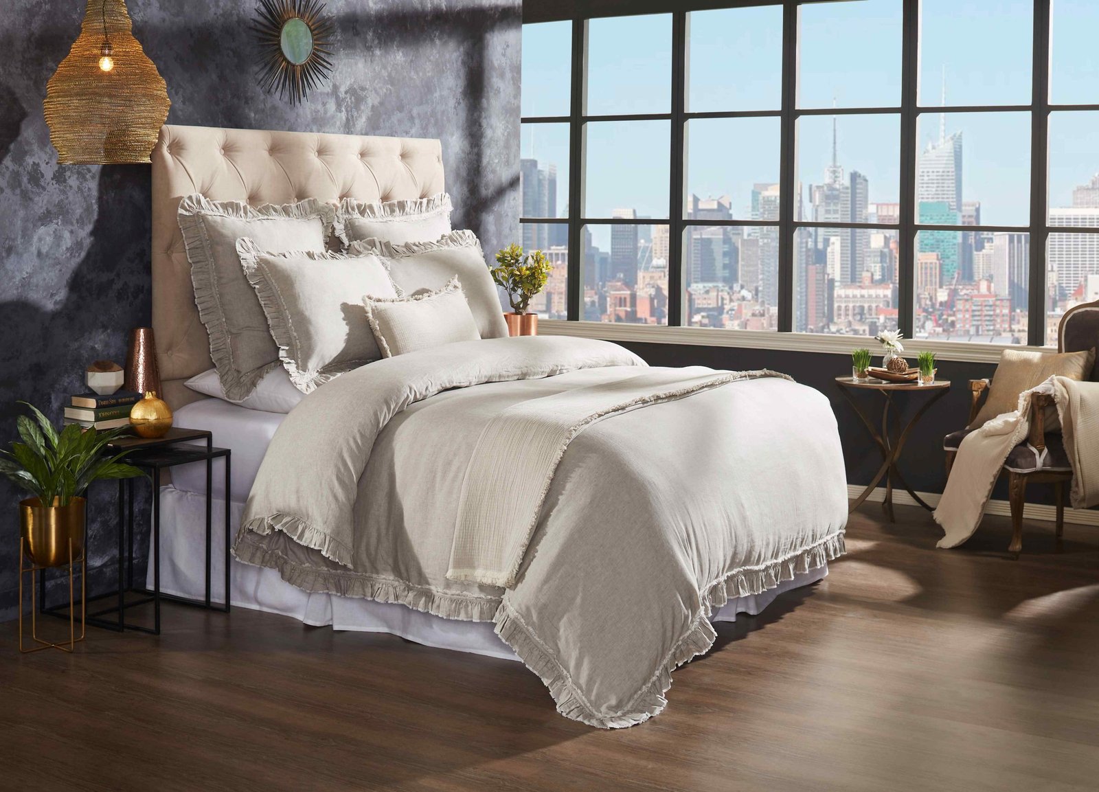 DT-019-10692_1|Chic greige linen-look duvet cover with contemporary frayed ruffles. Perfect for a sophisticated yet relaxed bedroom style.