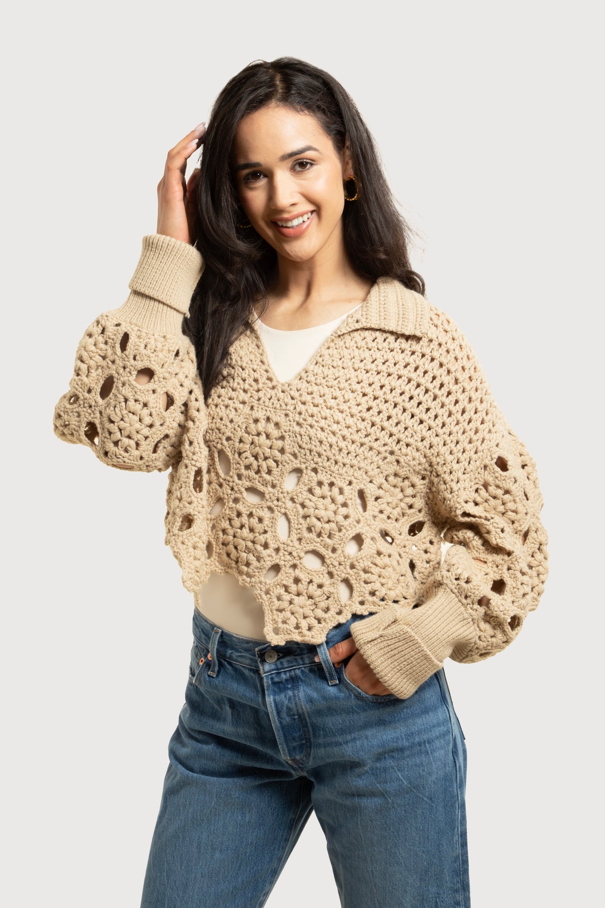 Floral Crochet Pullover Sweater - Beige