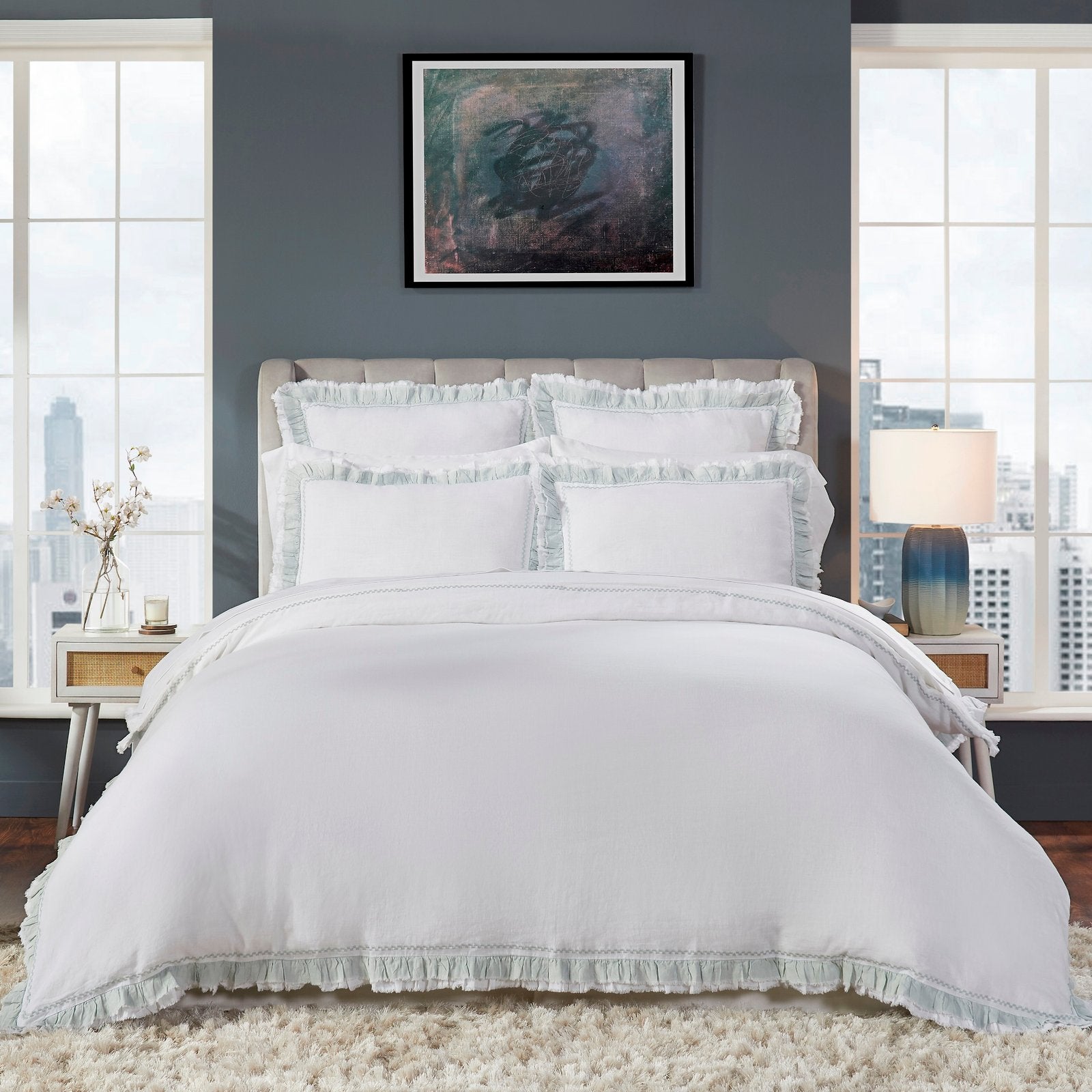 DT-029-9092_1|Fresh white duvet cover with soft mint green ruffled trim and matching shams, bringing a tranquil, elegant style to any bedroom.