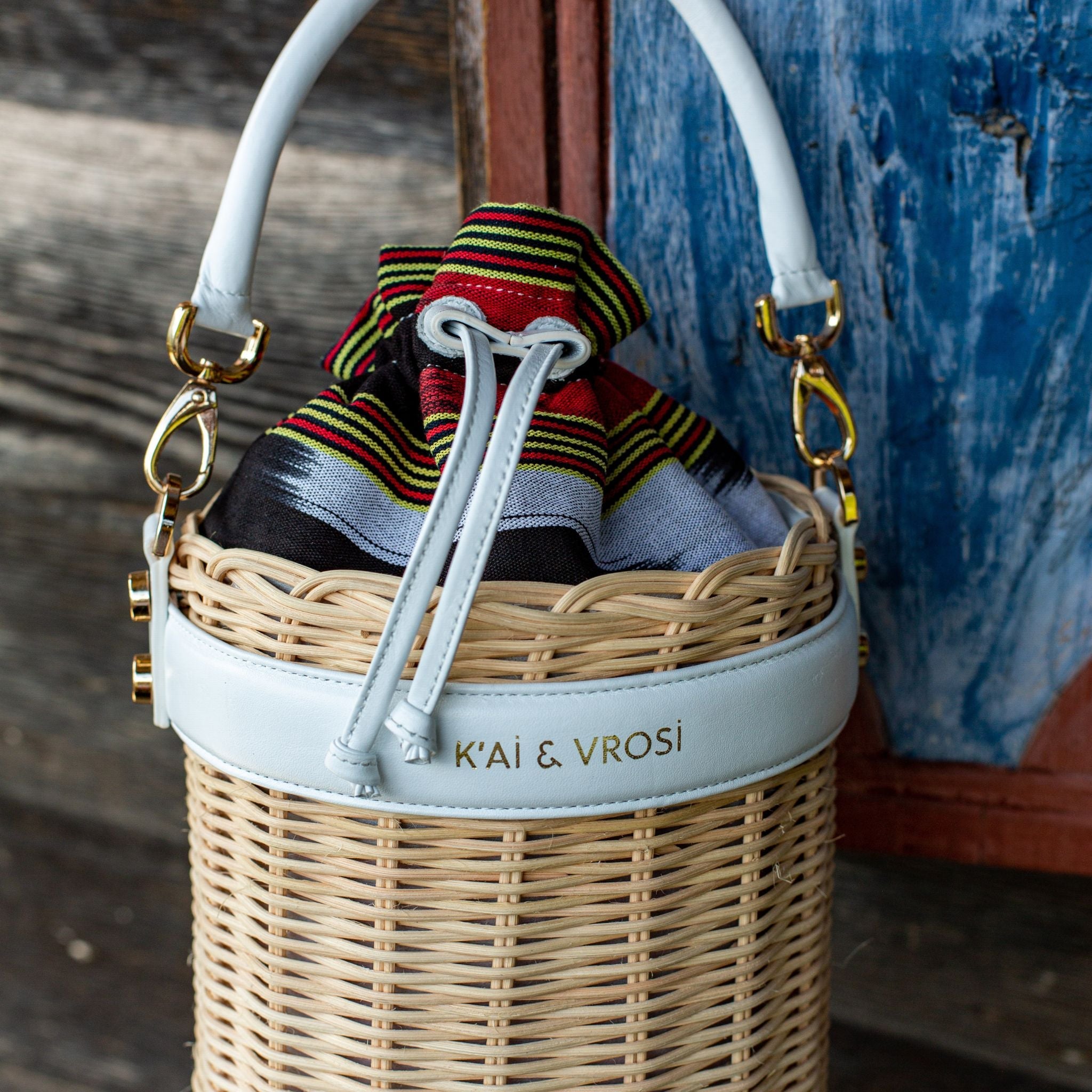 White Leather & Straw Bucket Bag with Drawstring