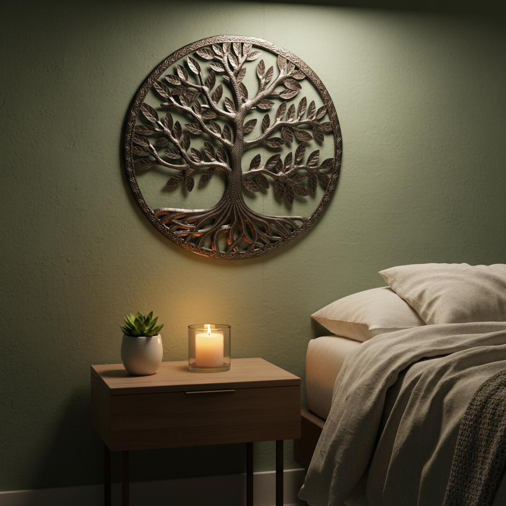 Classic Tree of Life Unpainted Haitian metal wall art above nightstand on sage green bedroom accent wall