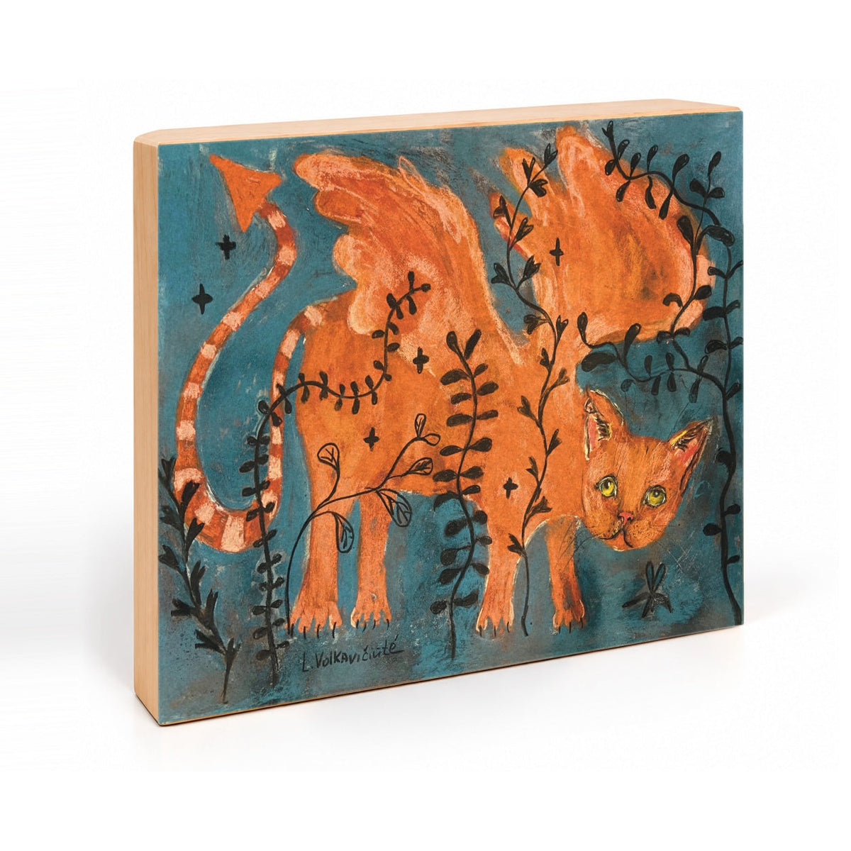 Dragonfly Cat winged orange cat art print, angled view showing natural wood side