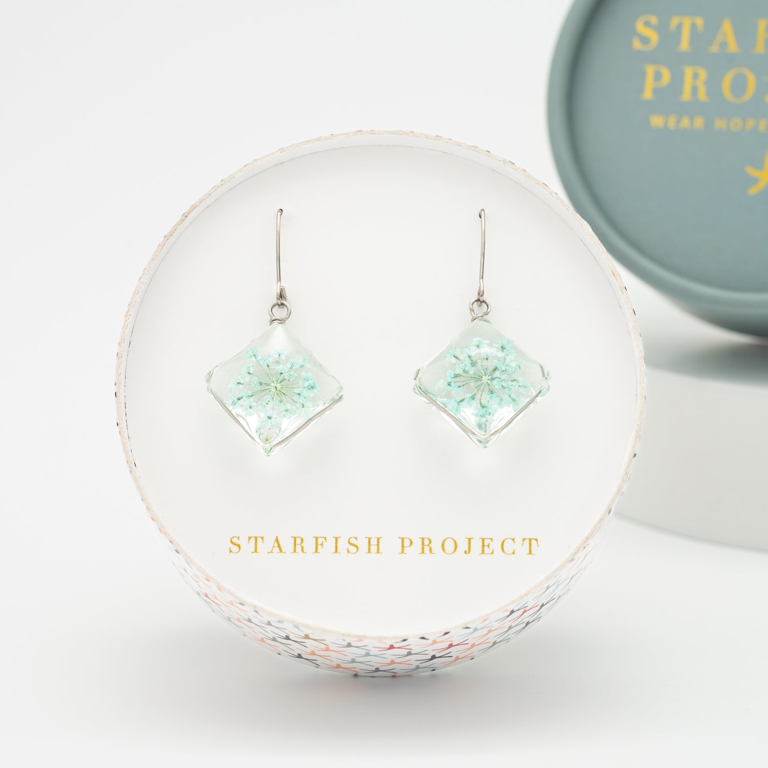Gift box with floral dangling earrings, fair trade gifting company, gift ideas for the holidays 
