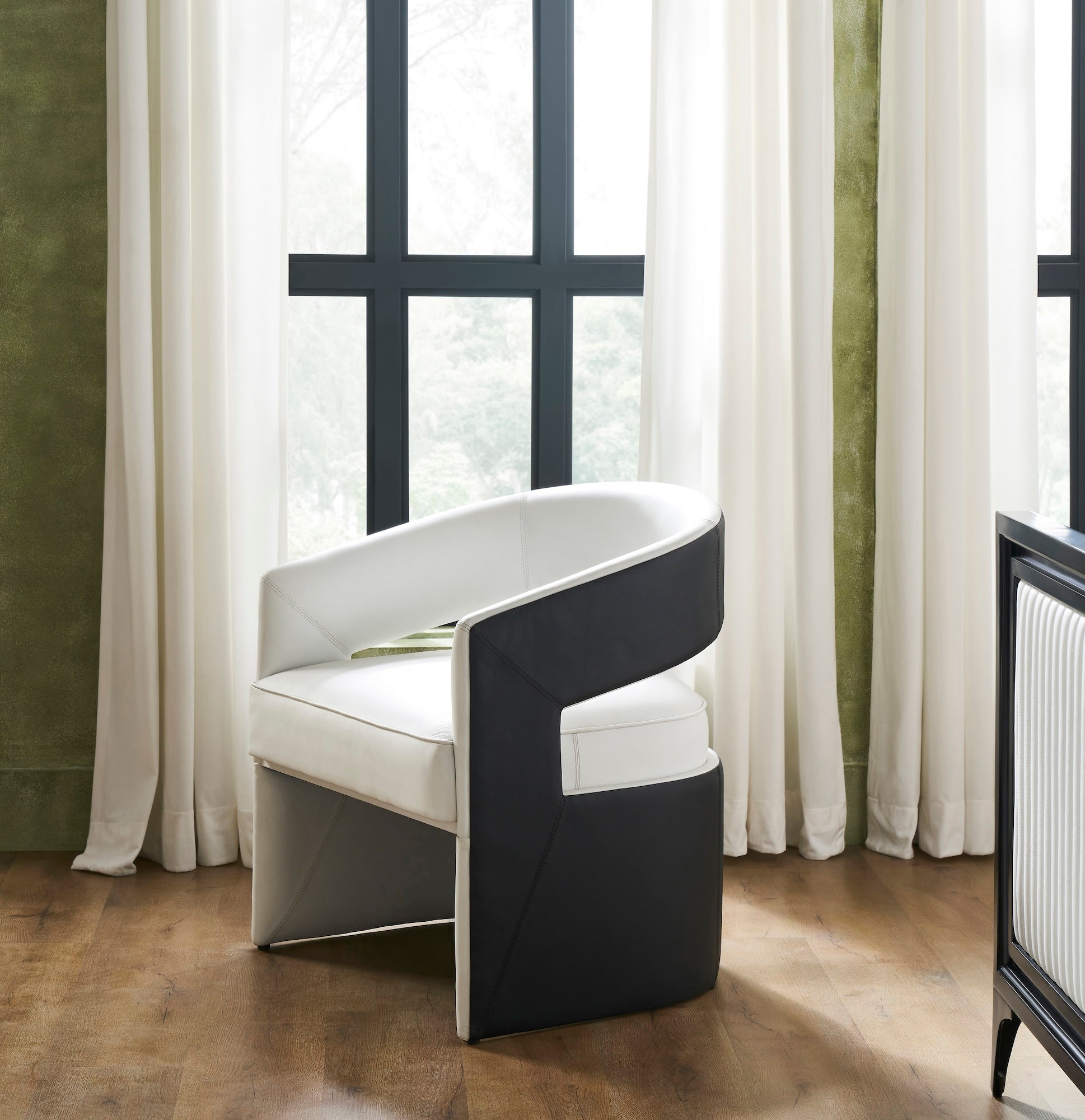 FN-5208-282429_1|Stylish modern leather accent chair, white and black contrasting genuine leather, ideal for contemporary living room furniture.
