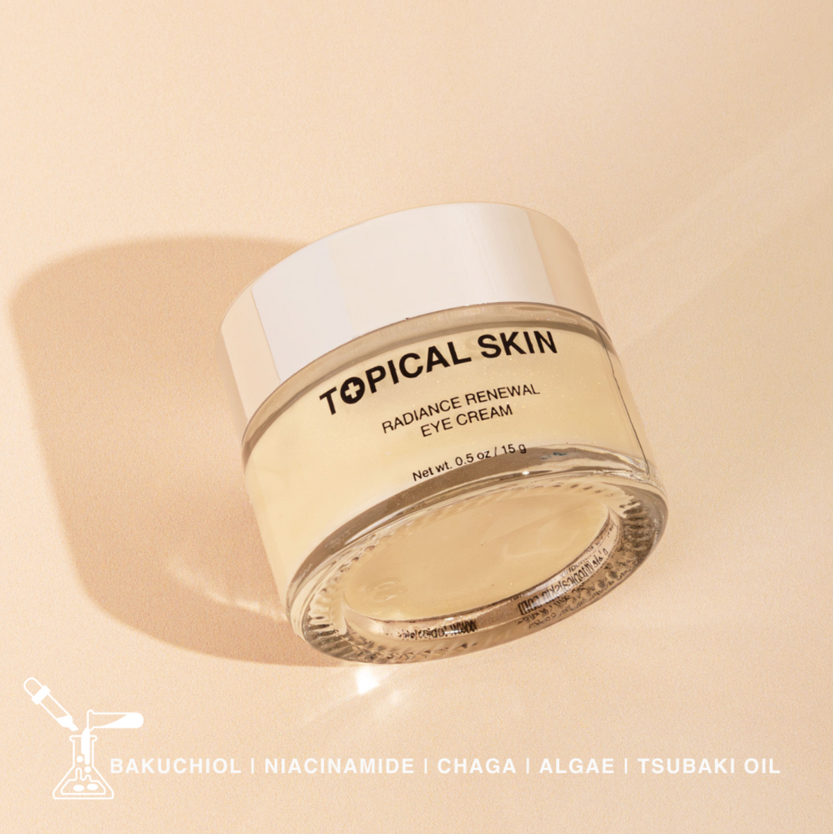 Radiance Renewal Eye Cream by TOPICAL SKIN eye cream in amber glass jar with bakuchiol and niacinamide