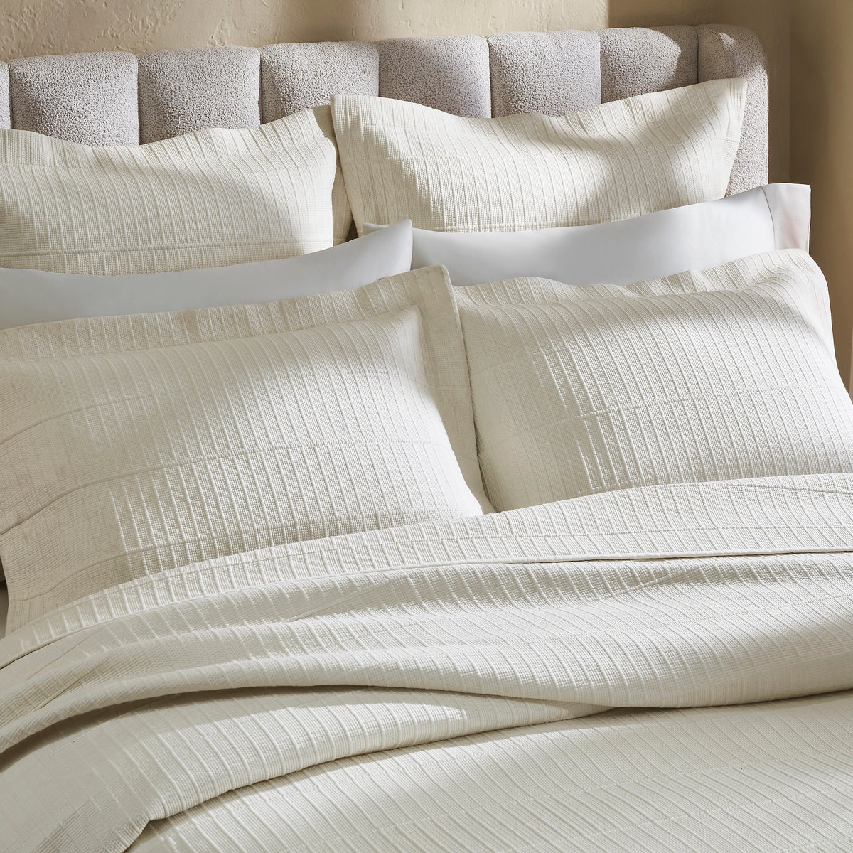 CL-271-9496_9|Complete cream textured coverlet bed set with matching pillow shams. Features a subtle striped pattern for elegant bedroom styling.