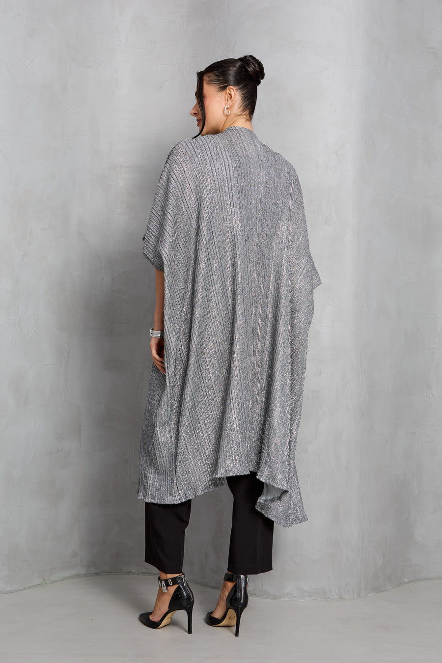 Pleated Metallic Kimono - Gunmetal