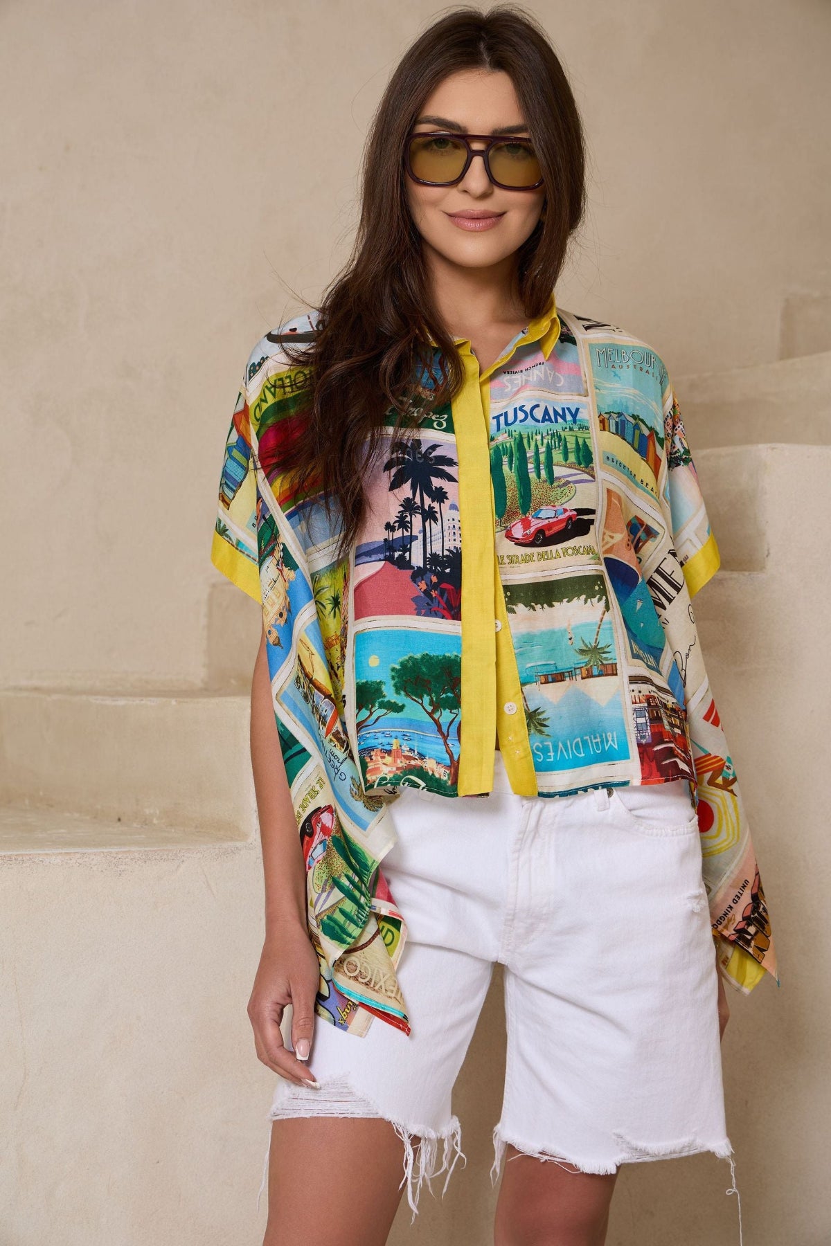 Vintage Postcard Button Shirt - MULTI
