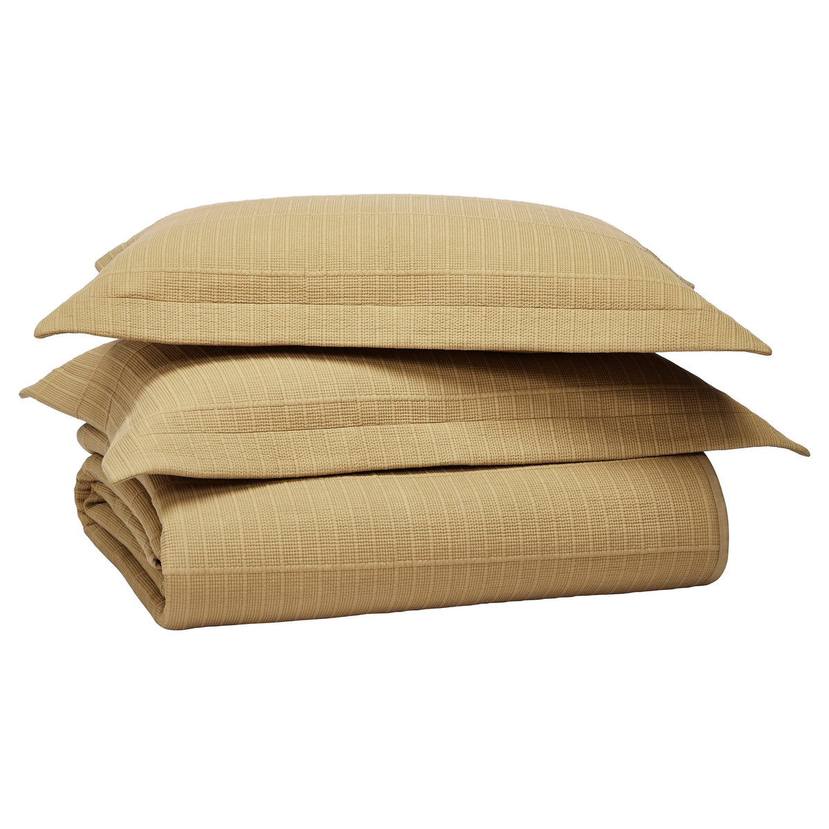 SS-269-2026_4|Stacked tan textured woven coverlet blanket and two matching pillow shams, ideal for adding warmth and style to any bed.