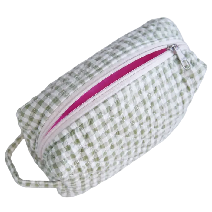 Gingham Matcha Make-up Bag Large detail — green gingham check on premium cotton